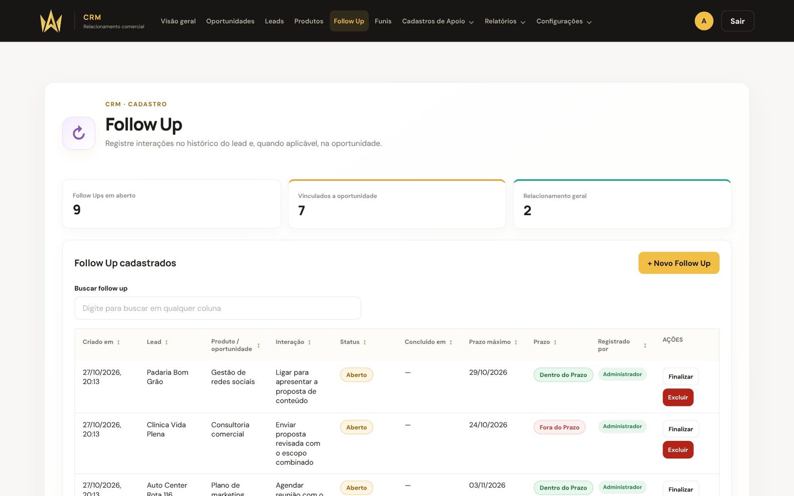Tela de follow up do Eficate CRM