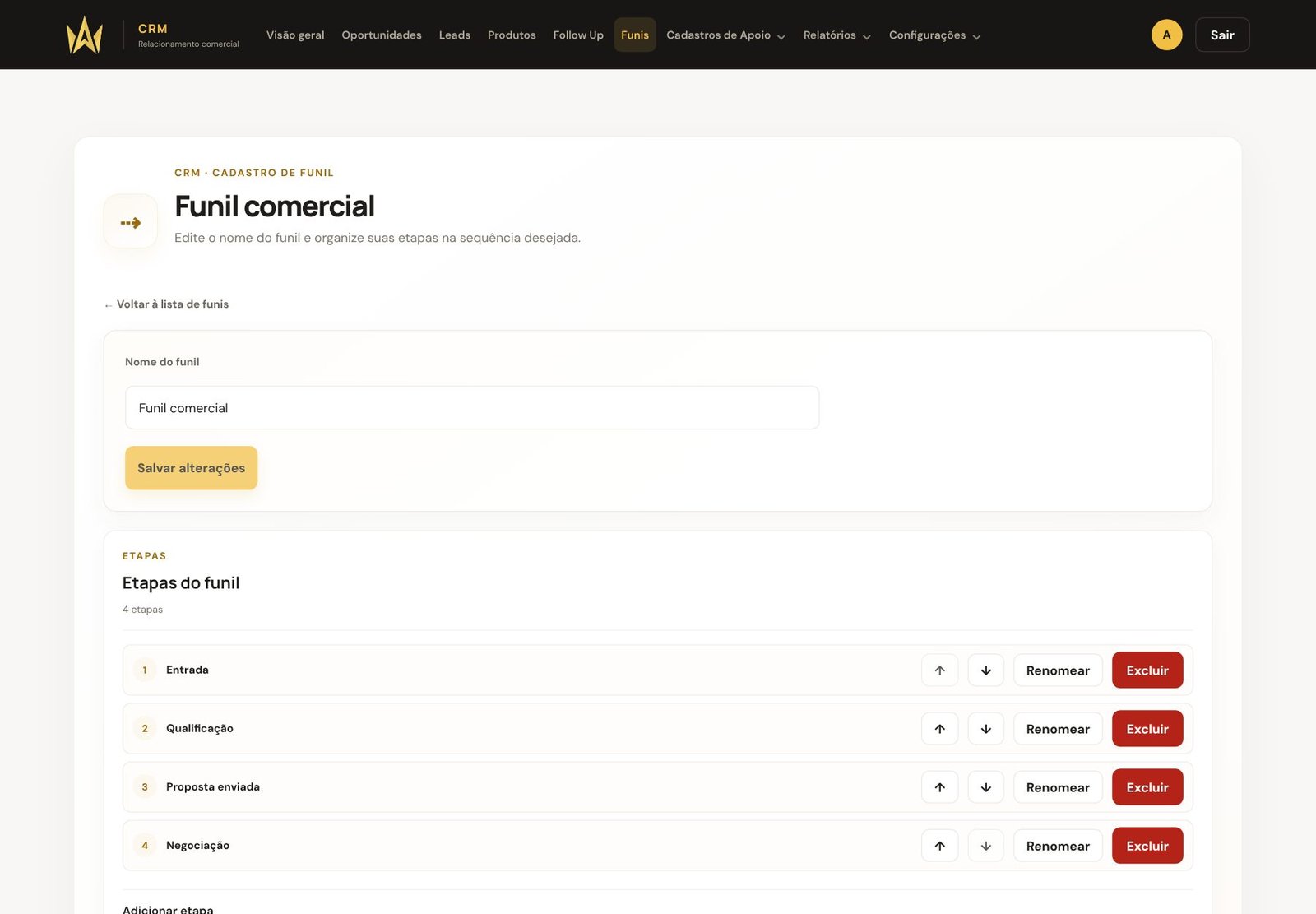 Tela de funis do Eficate CRM